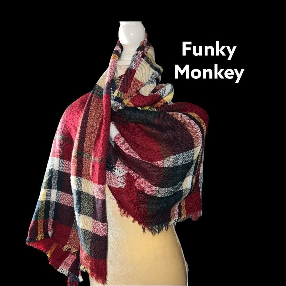 funky monkey red plaid beautiful winter wrap! Soft! Nwot